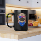 Black mug with a pug design wearing sunglasses and an American flag shirt on a kitchen counter.