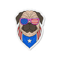 Magnet of a pug wearing American flag sunglasses and a bandana on a white background