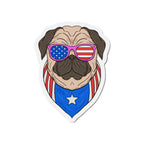Magnet of a pug wearing American flag sunglasses and a bandana on a white background