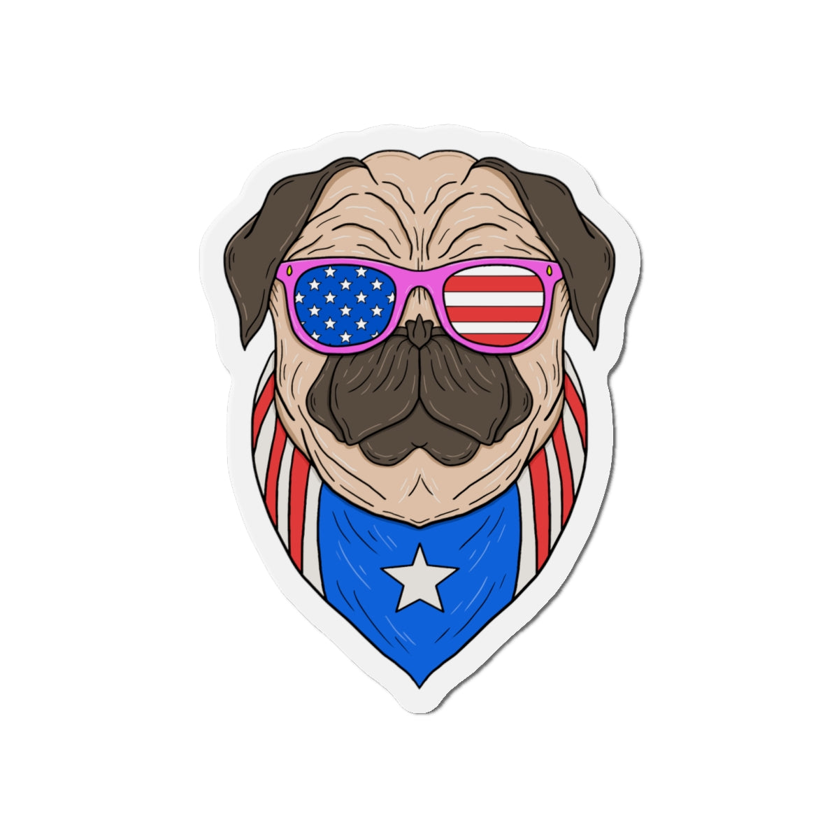 Magnet of a pug wearing American flag sunglasses and a bandana on a white background