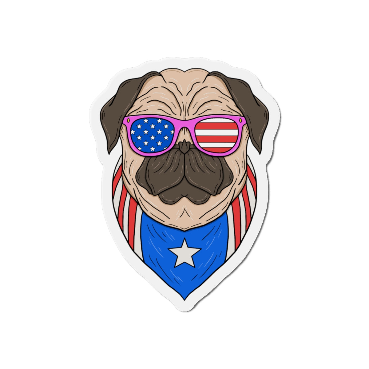 Magnet of a Pug wearing American flag sunglasses and cape on a white background