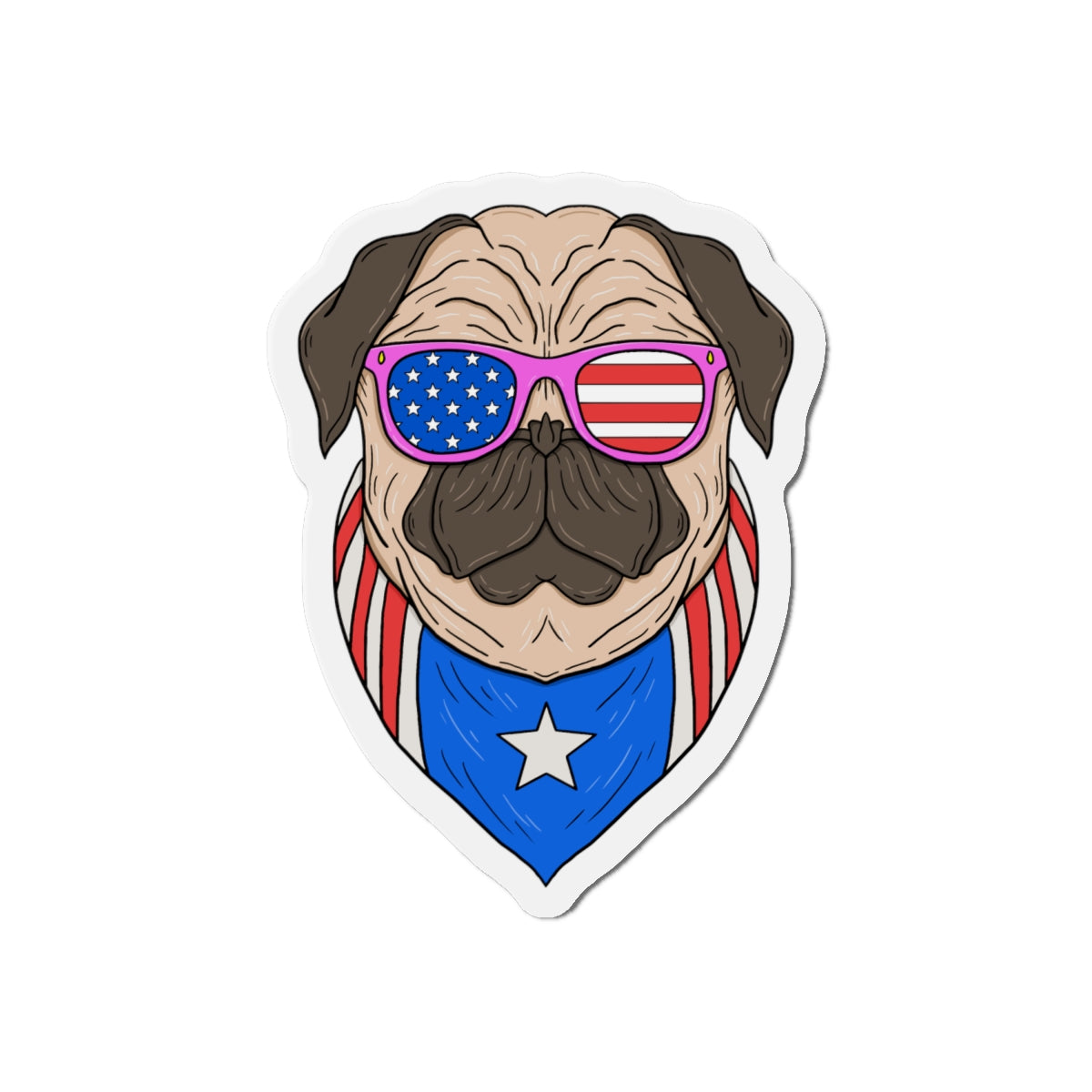 Magnet of a pug wearing American flag sunglasses and bandana on a white background
