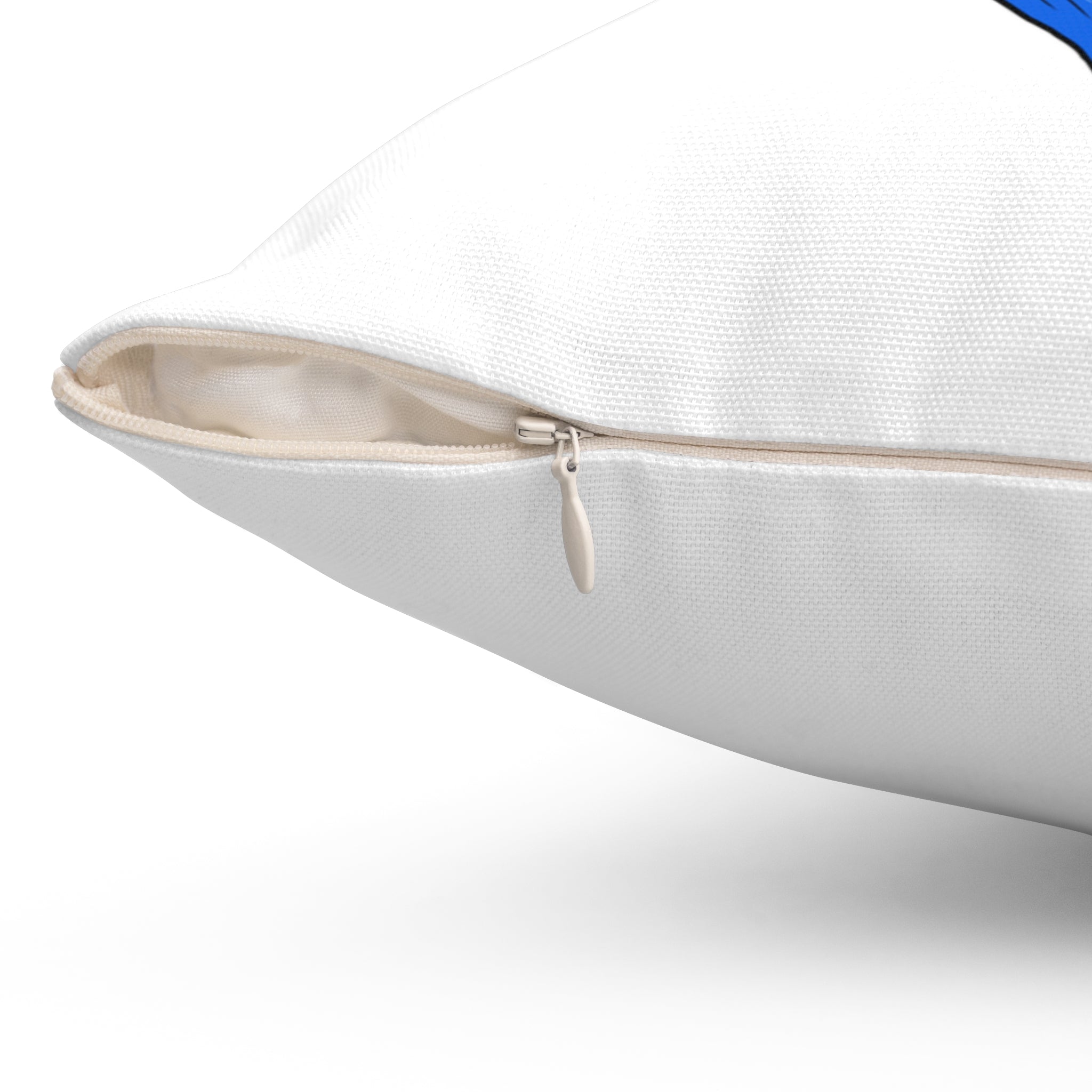 Close-up of a white pillow with a zipper on a white background