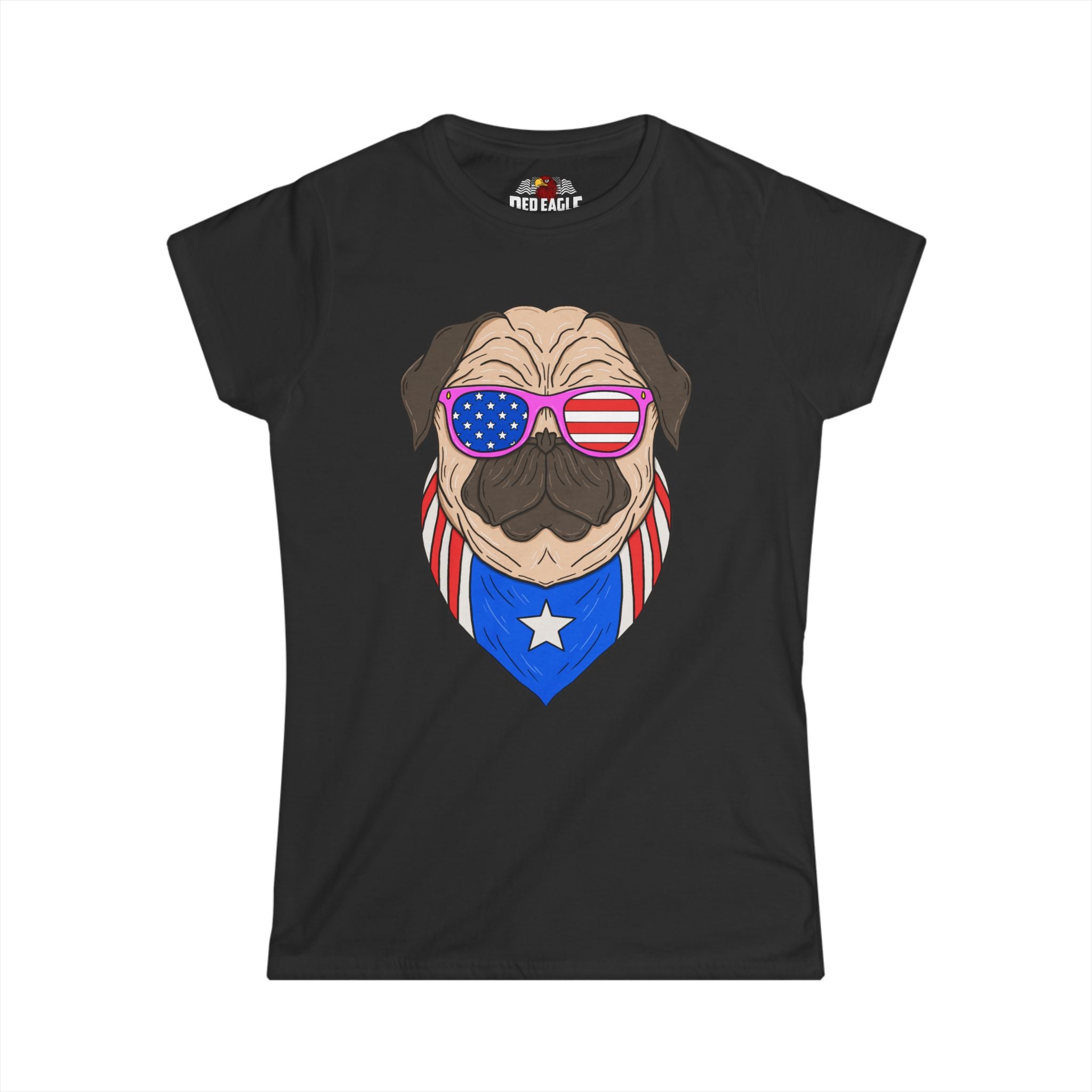 Black t-shirt with a graphic of a pug wearing American flag sunglasses and a bandana on a white background.
