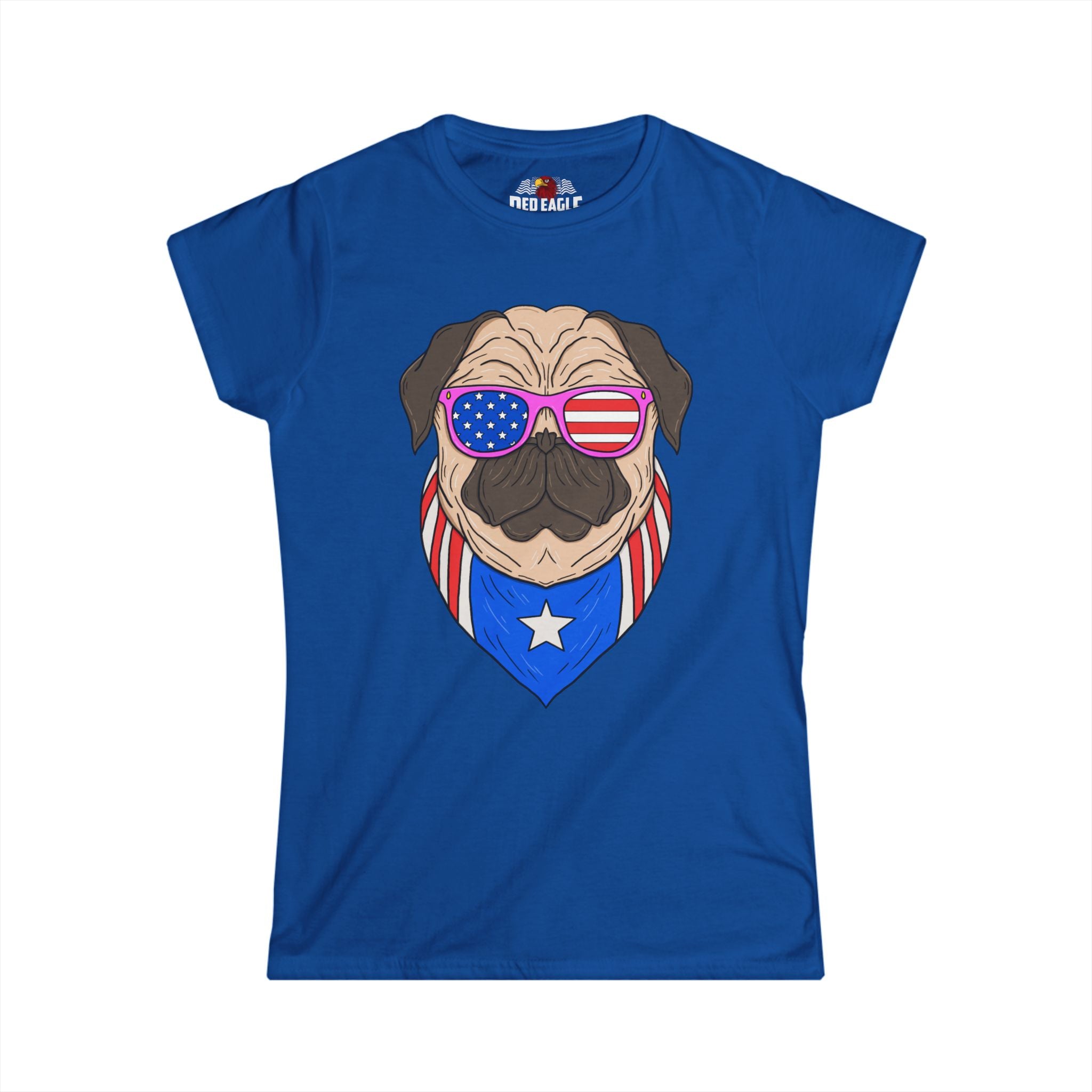 Blue t-shirt with a pug wearing American flag sunglasses and scarf on a white background