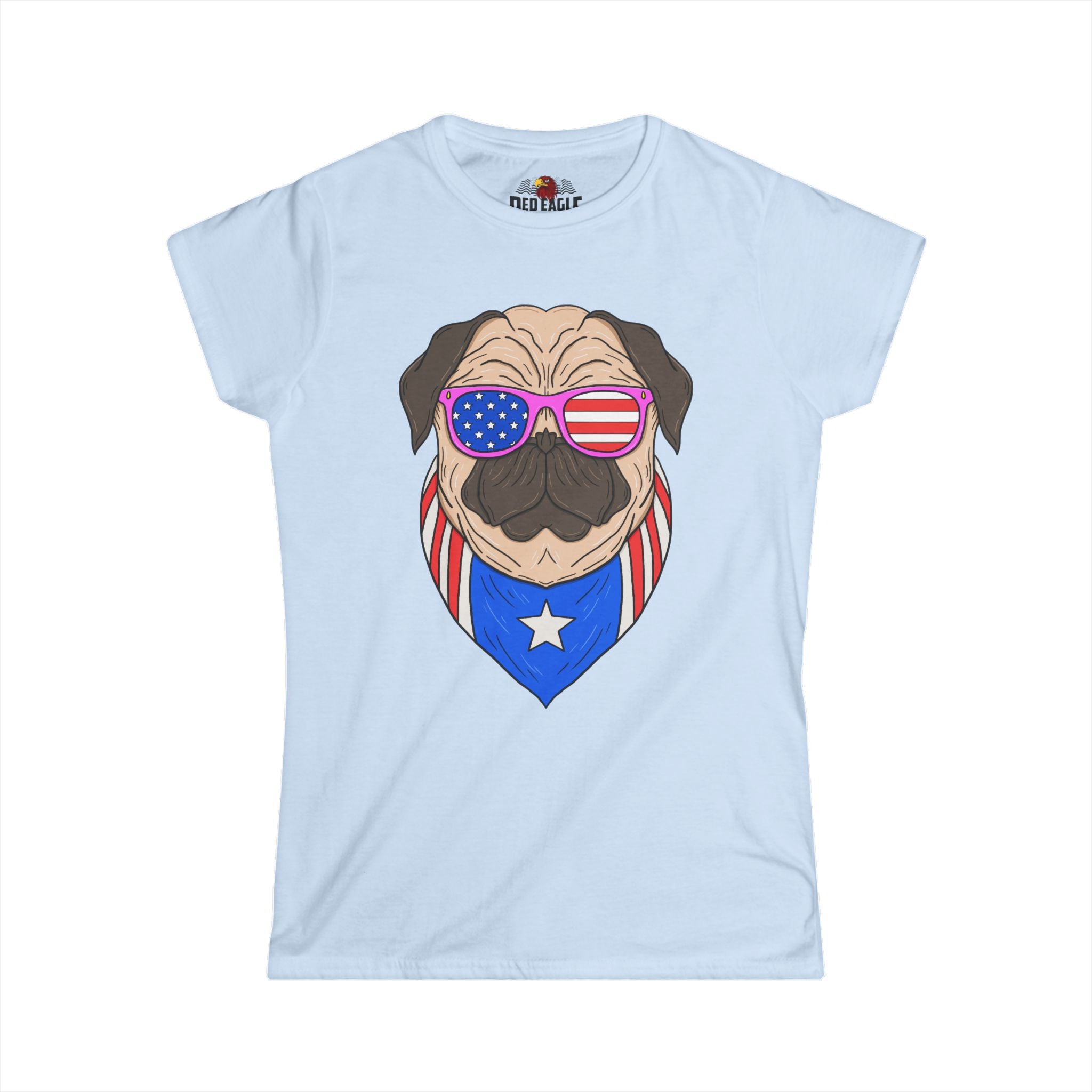 Light blue t-shirt with a graphic of a pug wearing American flag sunglasses and a bandana on a white background.