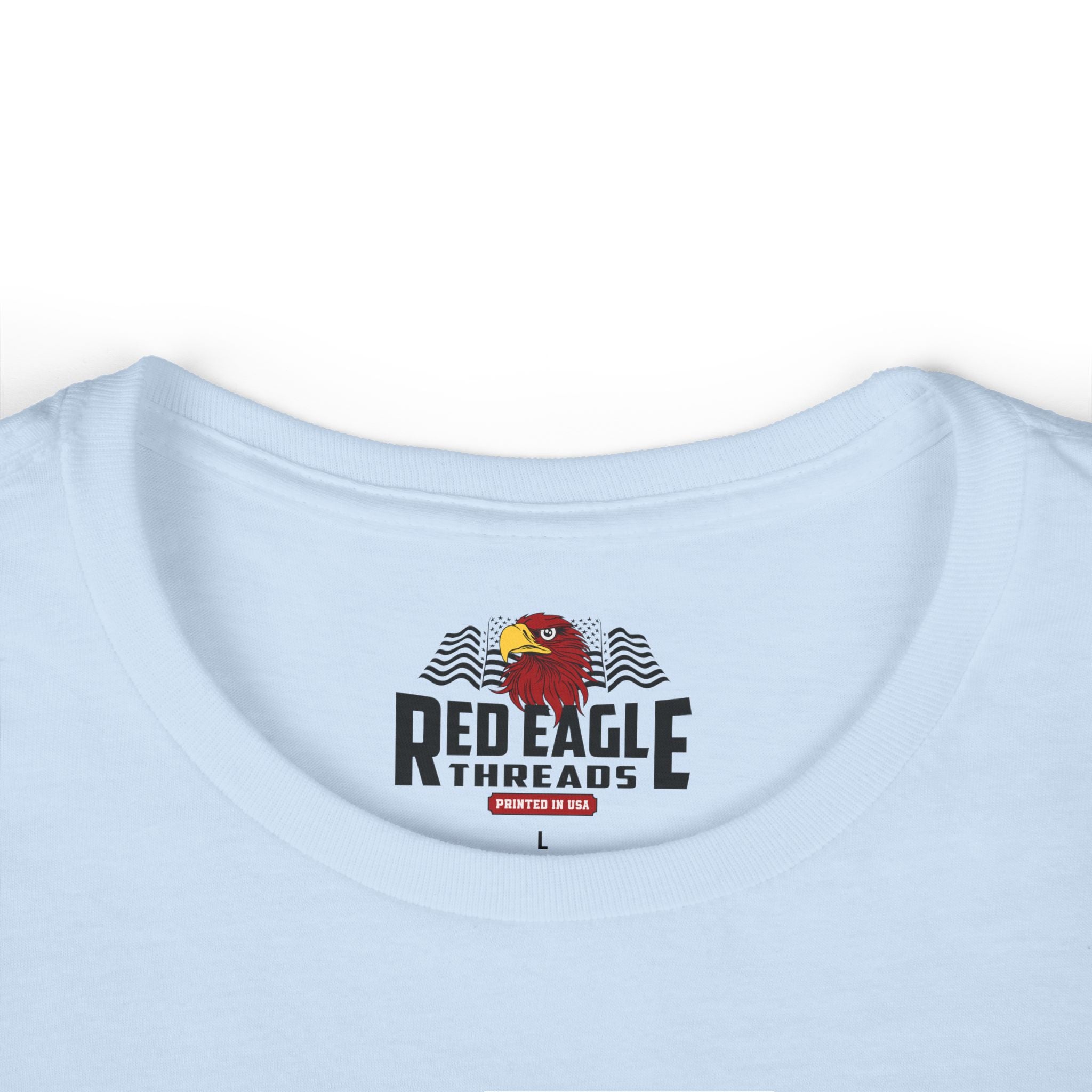 Light blue t-shirt with Red Eagle Threads logo on a white background