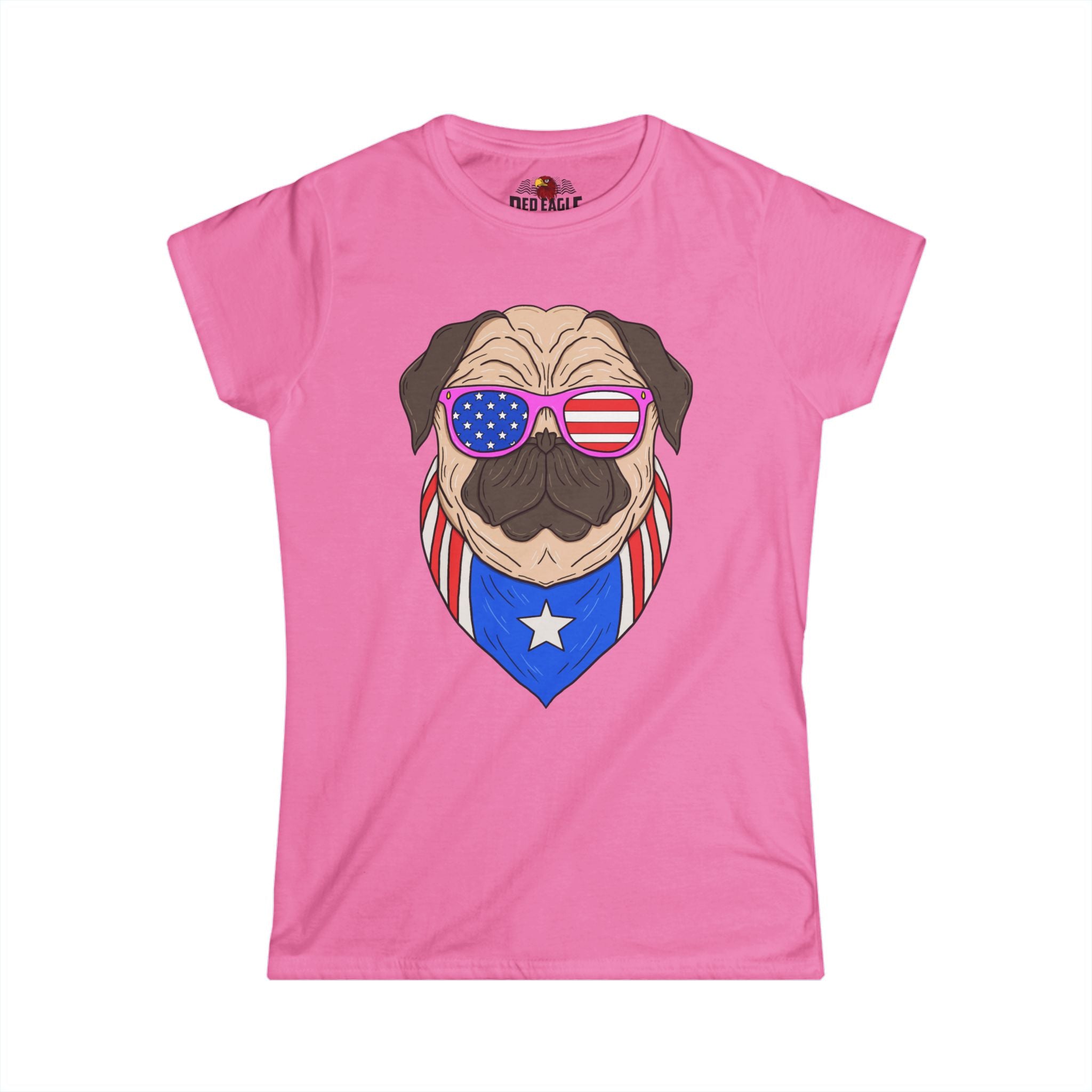 Pink t-shirt with a graphic of a pug wearing American flag sunglasses and a bandana on a white background.