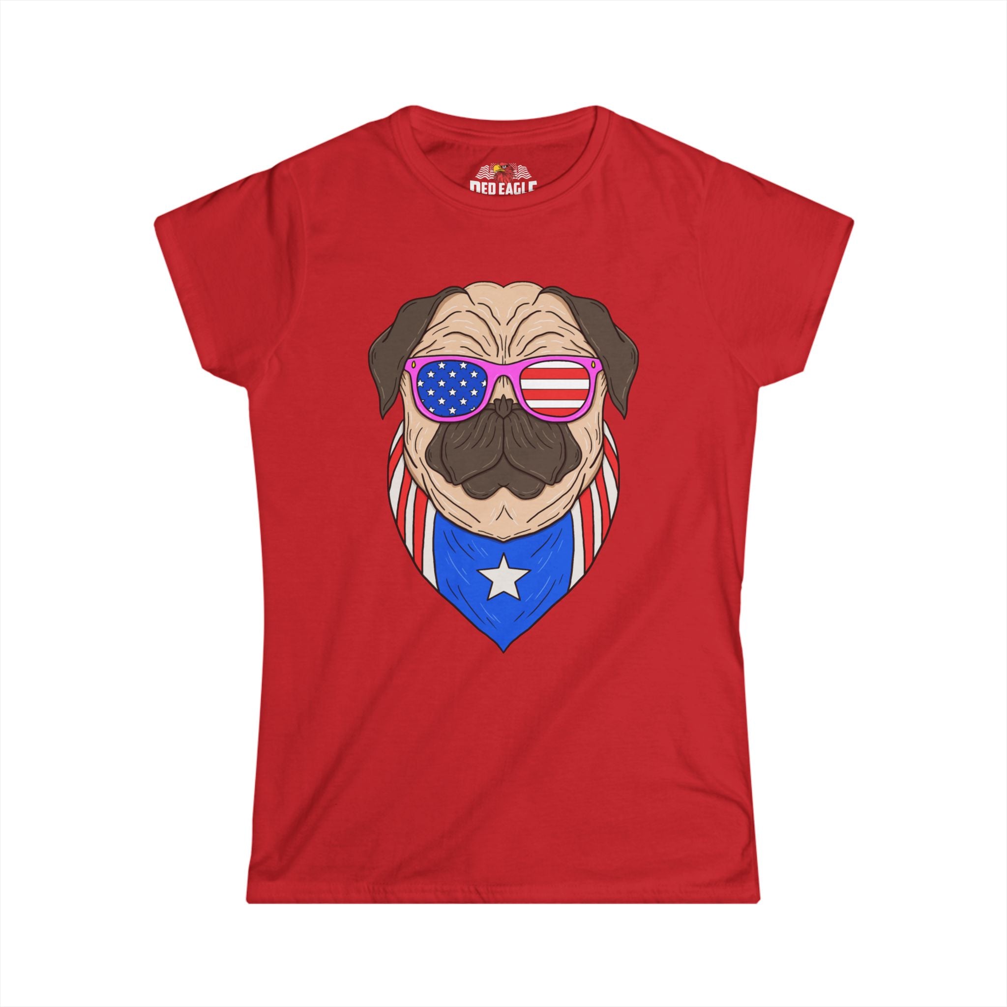 Red t-shirt with a graphic of a dog wearing American flag sunglasses and a bandana on a white background.
