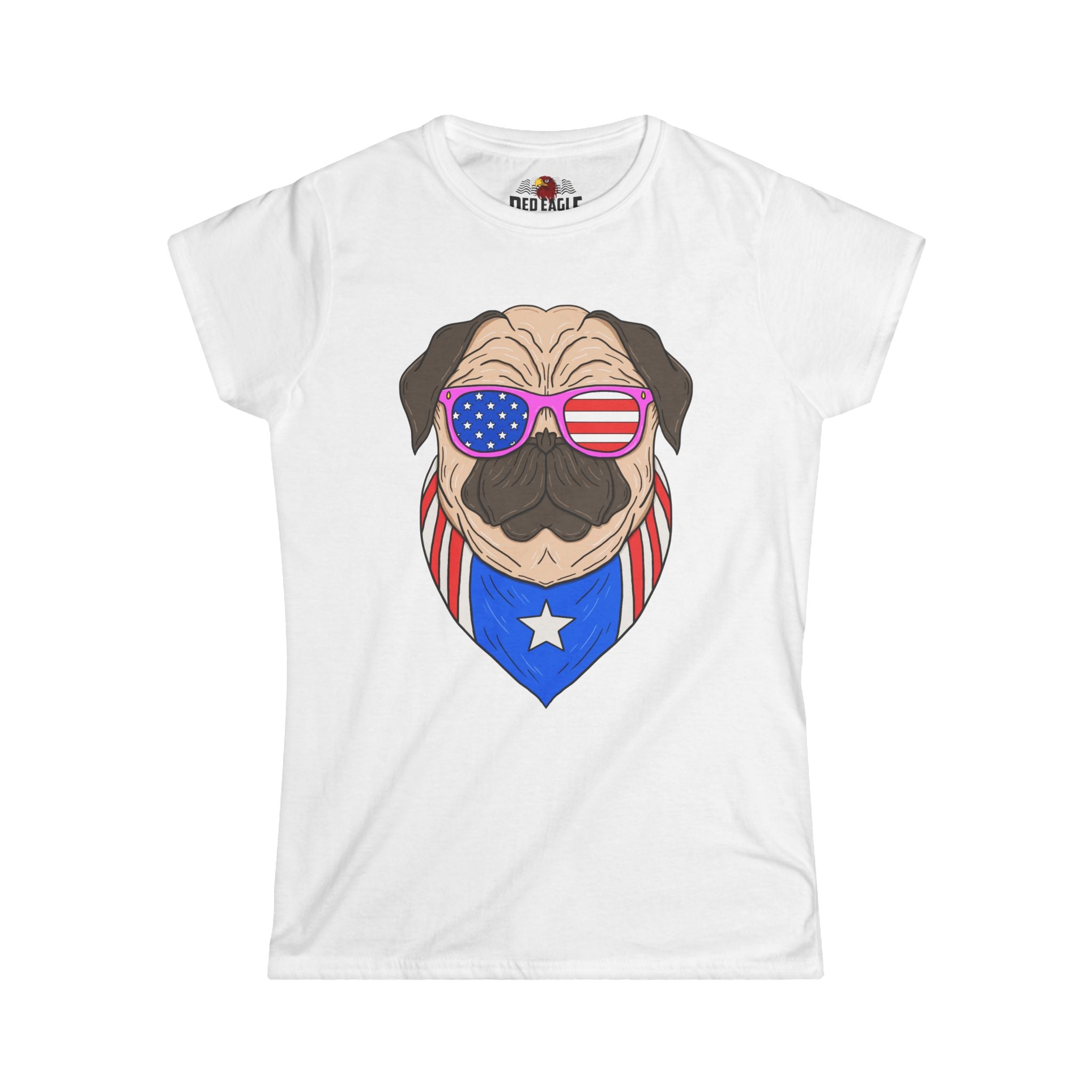White t-shirt with a graphic of a pug wearing American flag sunglasses and a bandana on a white background.