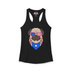 Black tank top with a pug design wearing sunglasses and an American flag bandana on a white background.