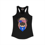 Black tank top with a pug design wearing American flag sunglasses and a blue star banner on a white background.