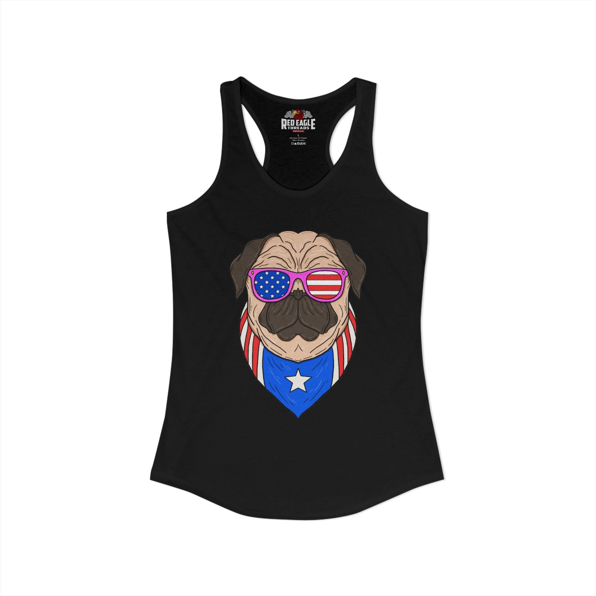 Black tank top with a pug design wearing American flag sunglasses and a blue star banner on a white background.