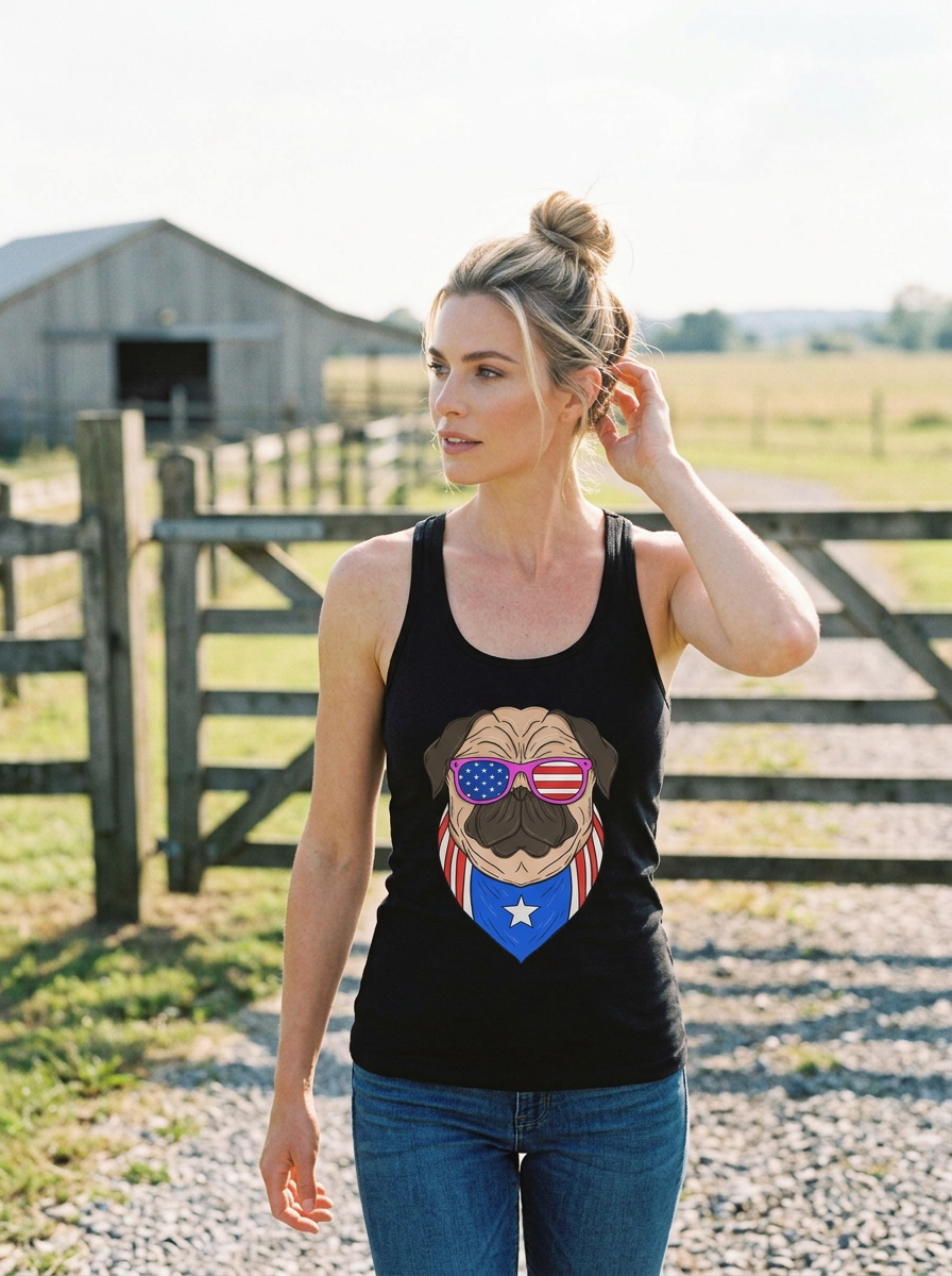 A woman wearing a black tank top with a patriotic pug graphic, standing outdoors in front of a wooden fence and barn.