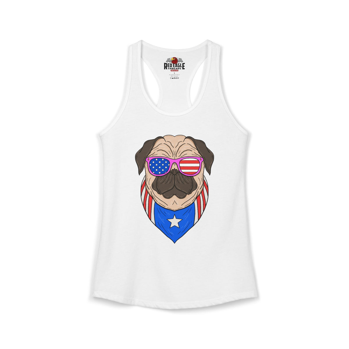 White tank top with a graphic of a pug wearing American flag sunglasses and a heart-shaped USA flag on a white background.