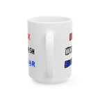 White mug with text in various colors on a white background