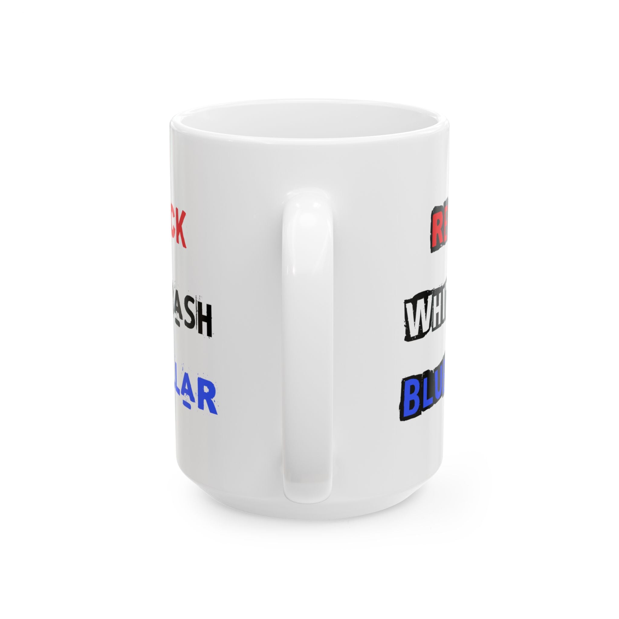 White mug with text in various colors on a white background