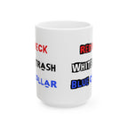 White mug with colorful text on a white background