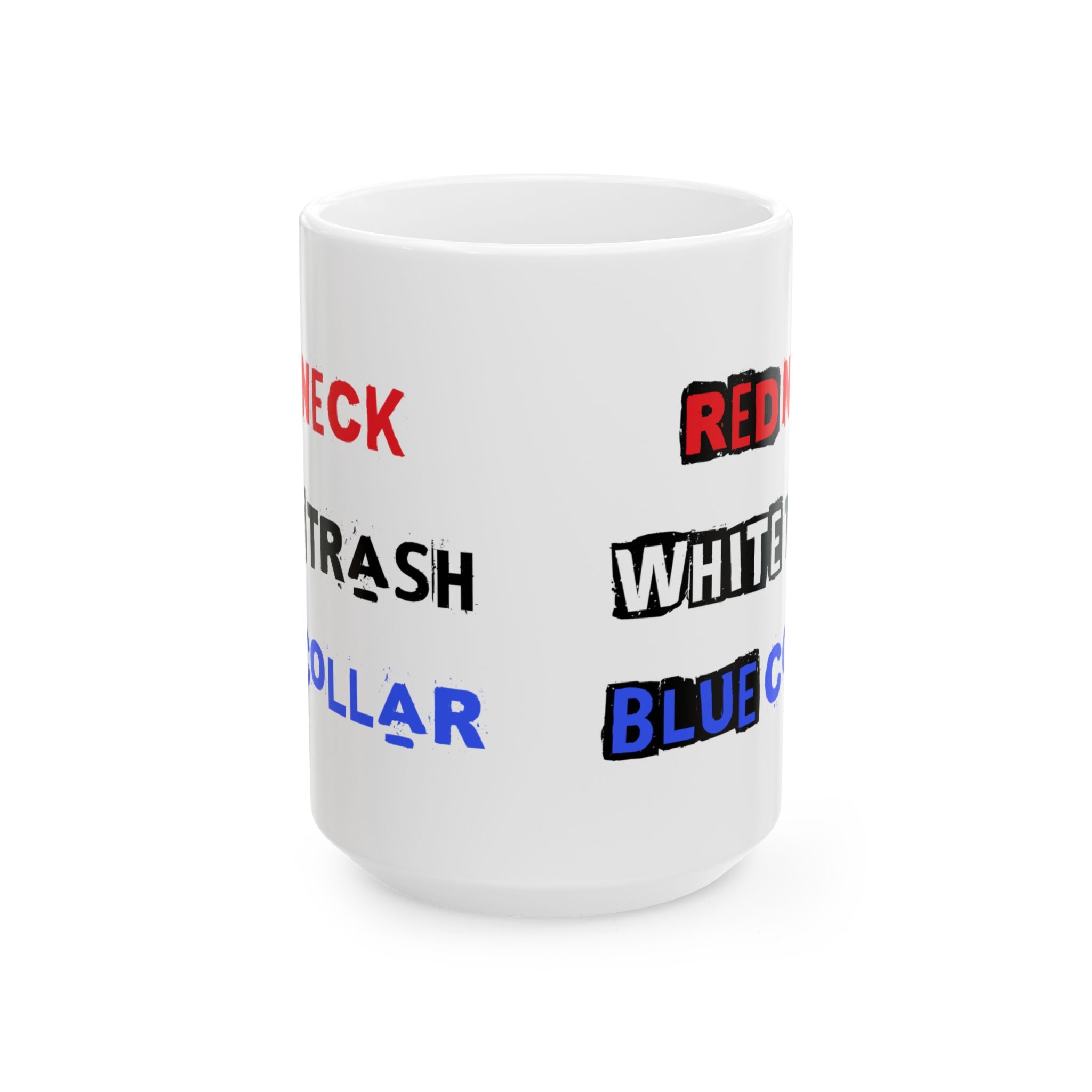White mug with colorful text on a white background