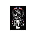 Black poster with white text and American flags on a white background