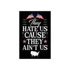 Black poster with white text and American flags on a white background