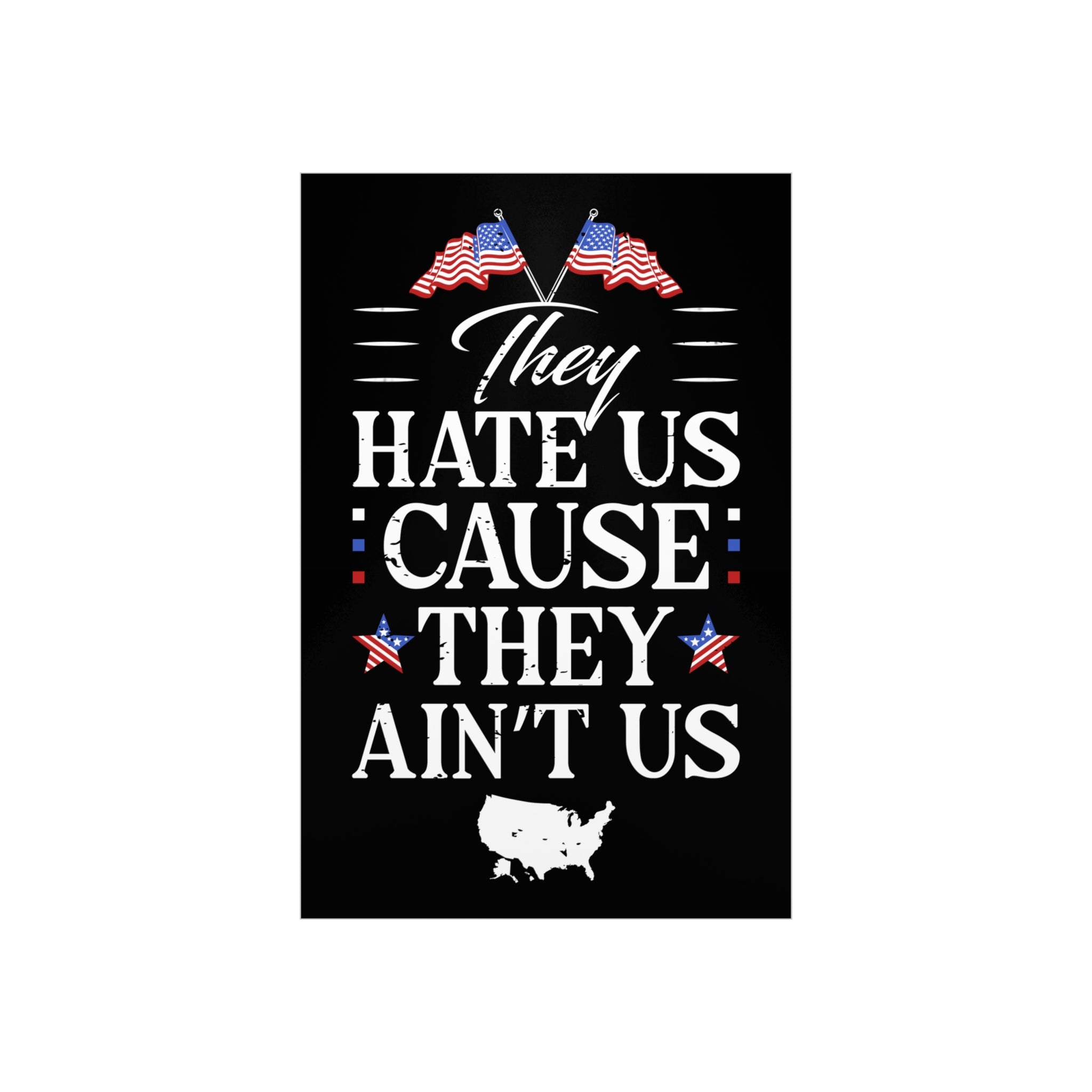 Black poster with white text and American flags on a white background