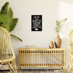 Decorative wall art in a room with a wooden console table, chairs, and plants.