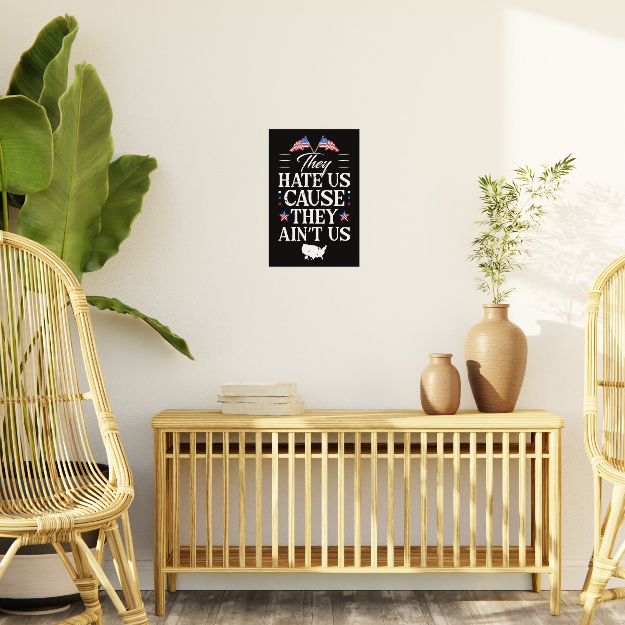 Decorative wall art in a room with a wooden console table, chairs, and plants.