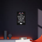 Poster with text and flags on a dark wall with decorative items below.
