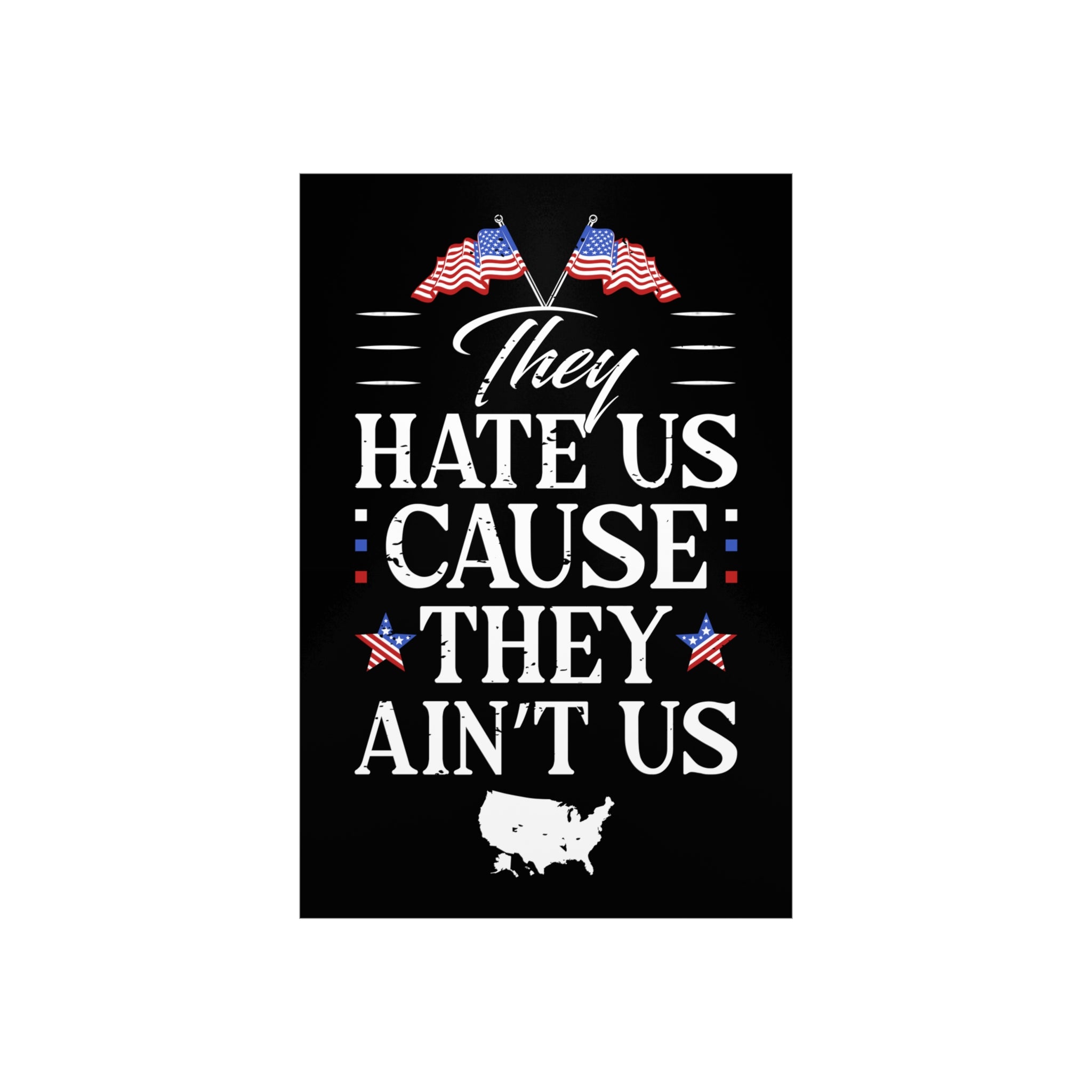 Black poster with white text and American flags on a white background