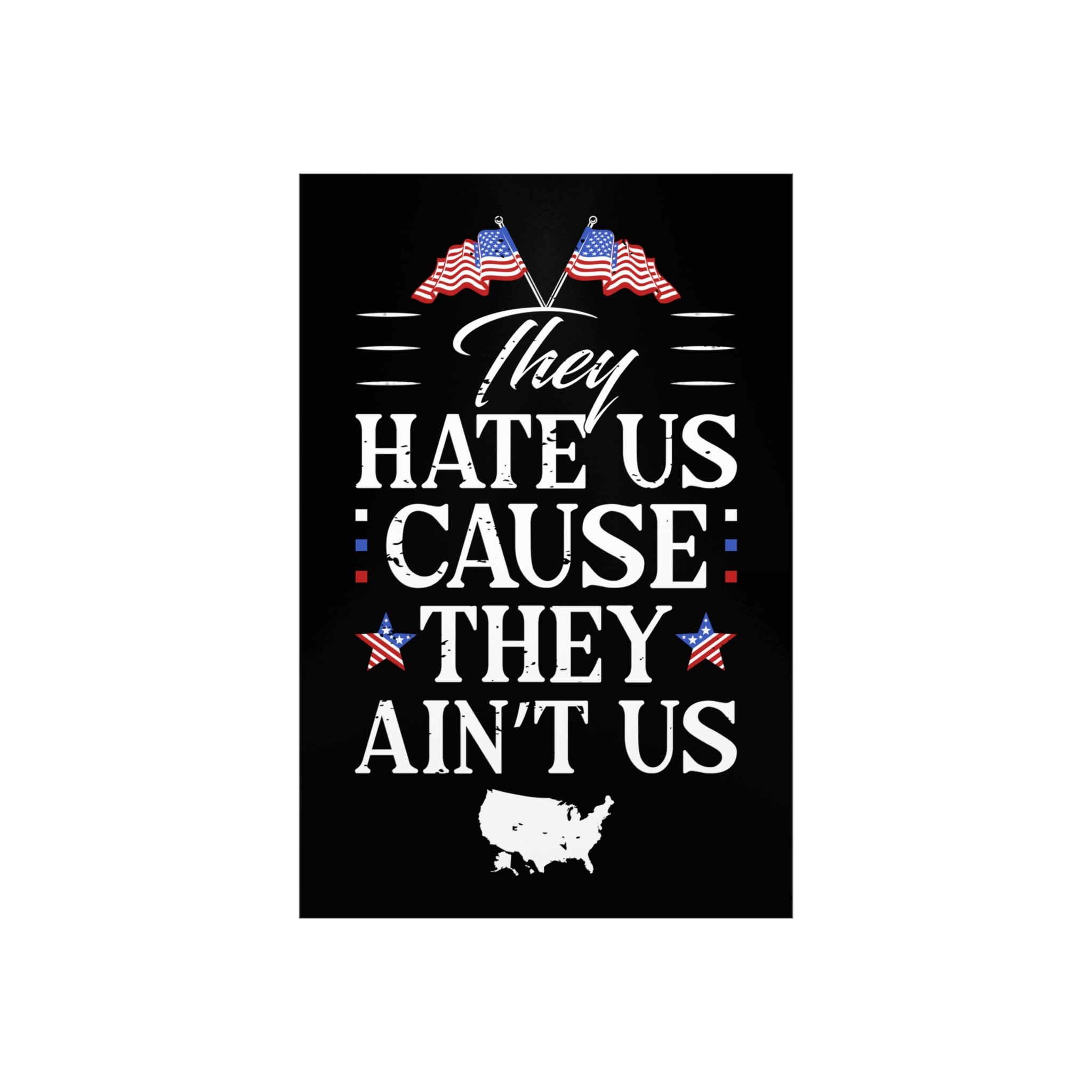 Black poster with white text and American flags on a white background