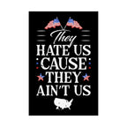 Black poster with American flags and text 'They Hate Us Cause They Ain't Us' on a white background