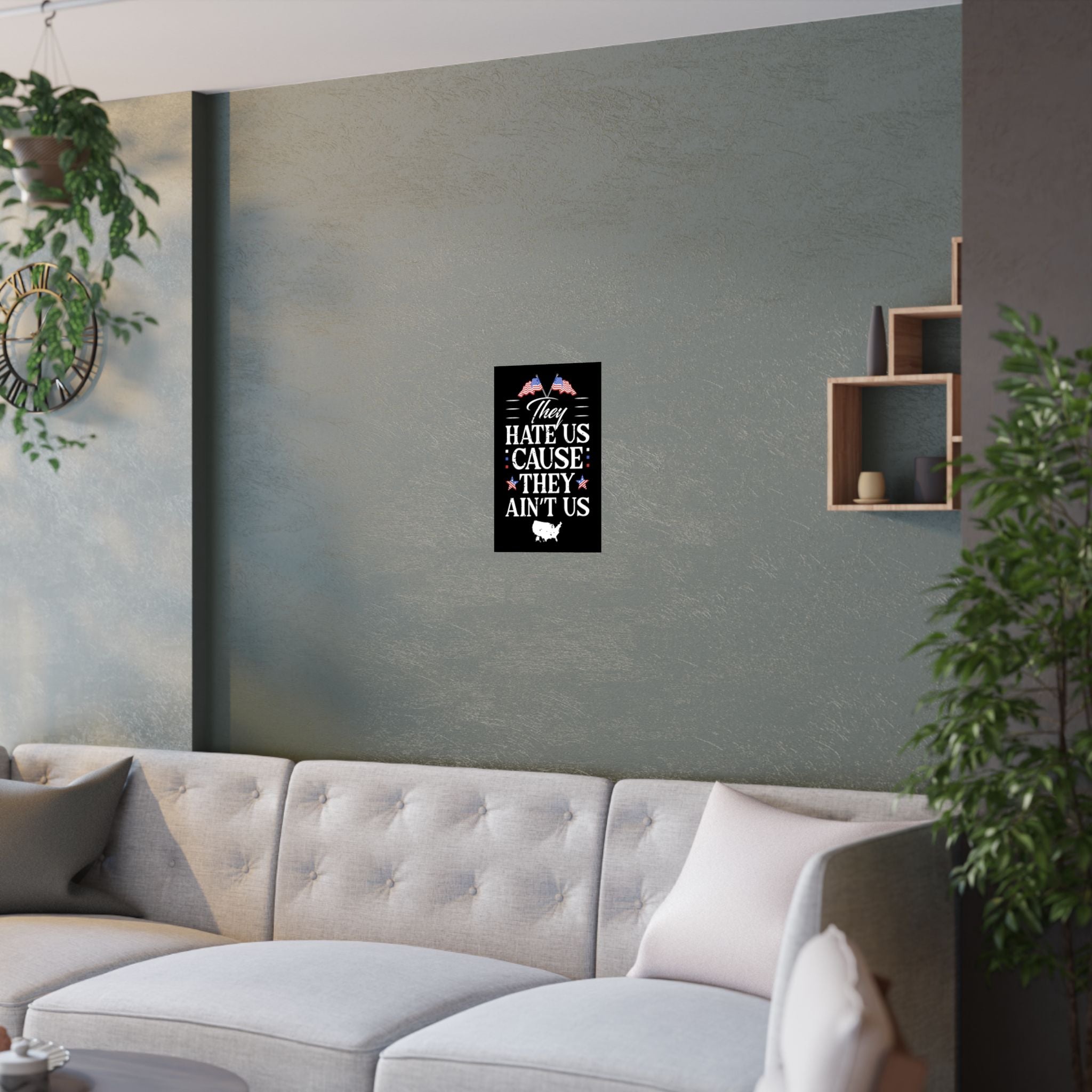 Living room with a gray wall, white sofa, and decorative items.
