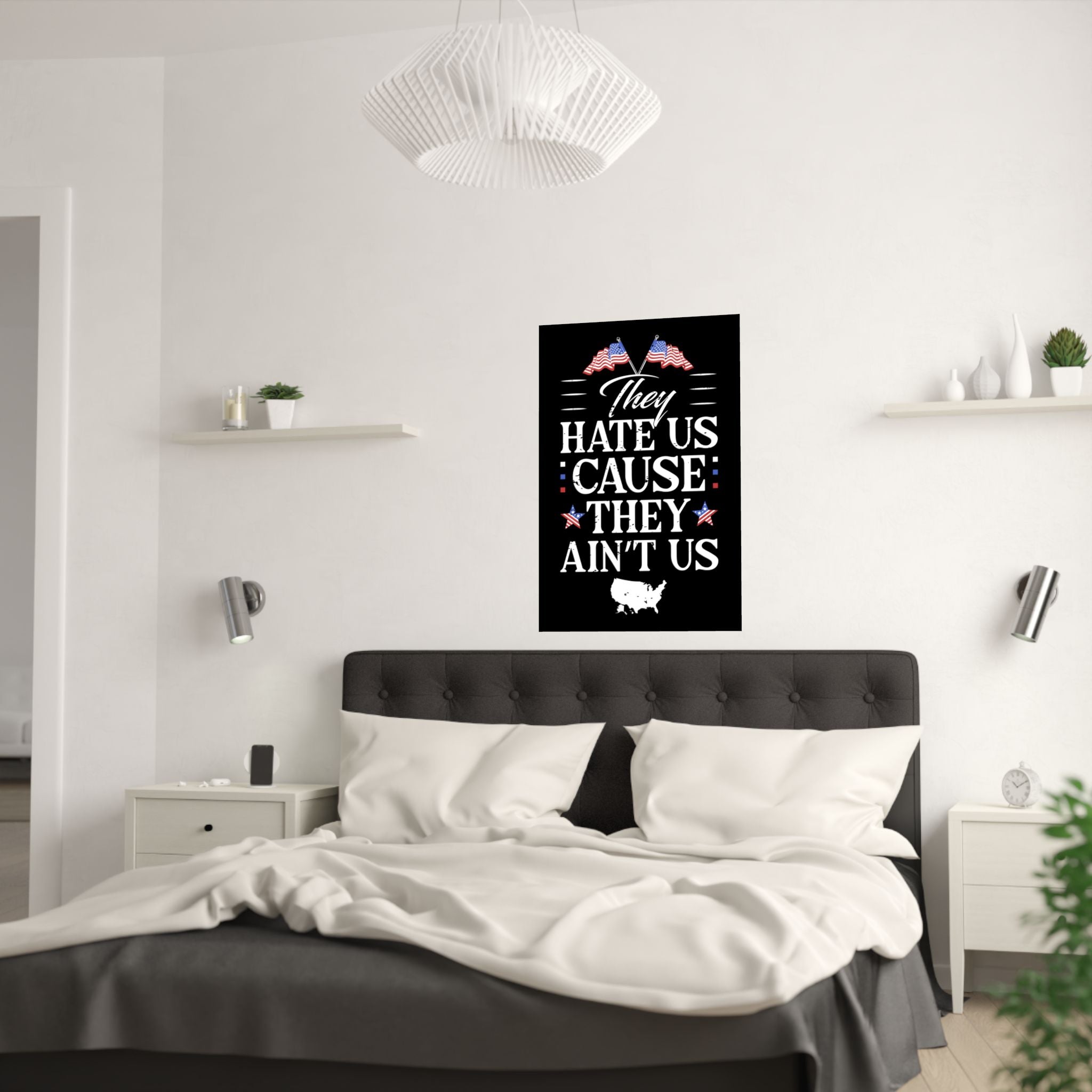 Bedroom with a motivational poster on the wall