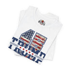 White t-shirt with American flag design and text on a white background