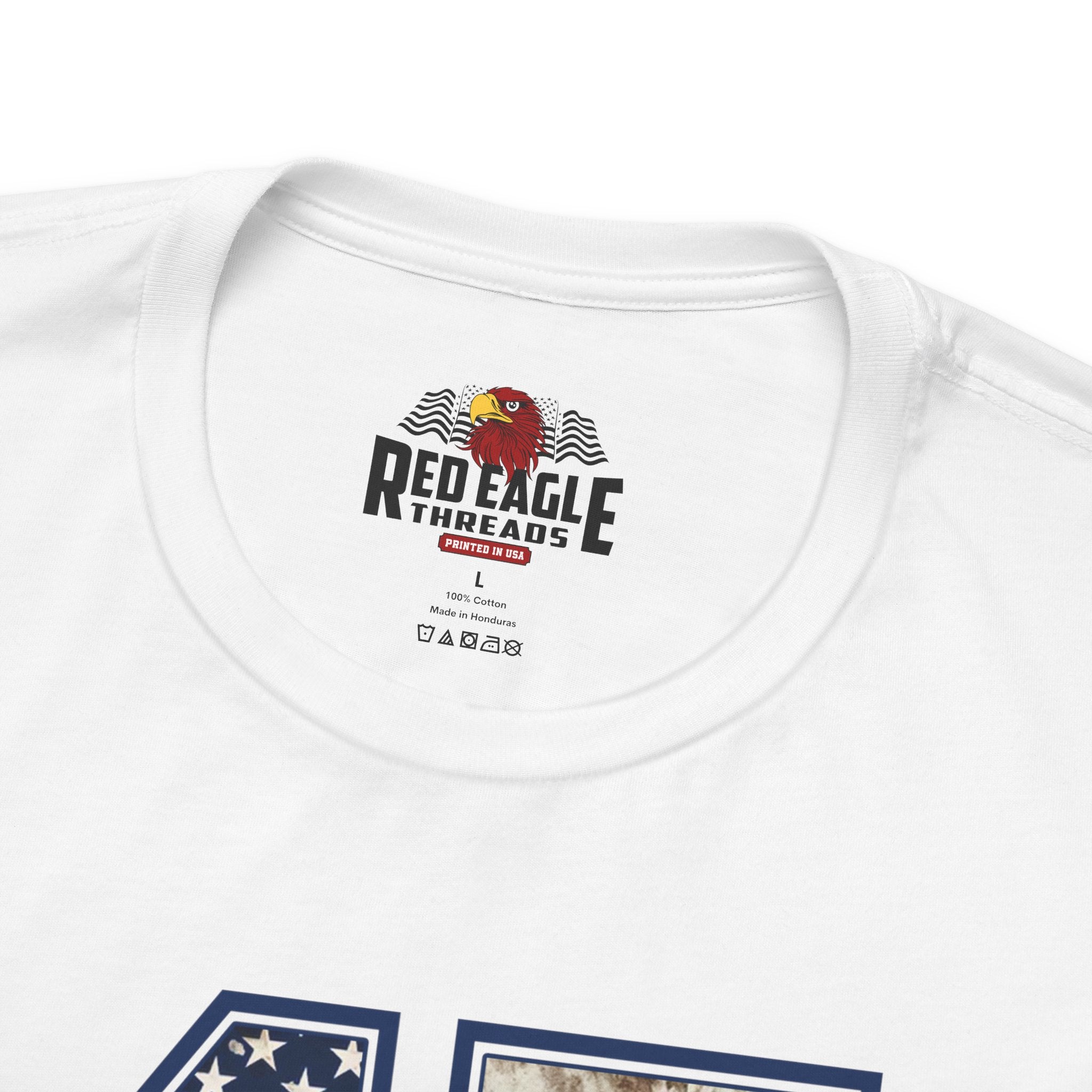 White t-shirt with Red Eagle Threads logo and text on a white background