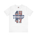 White t-shirt with '45 TRUMP 47' text and American flag design on a white background