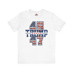 White t-shirt with '45 TRUMP 47' text and American flag design on a white background