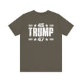 Army green t-shirt with '45 Trump 47' text on the back, on a white background