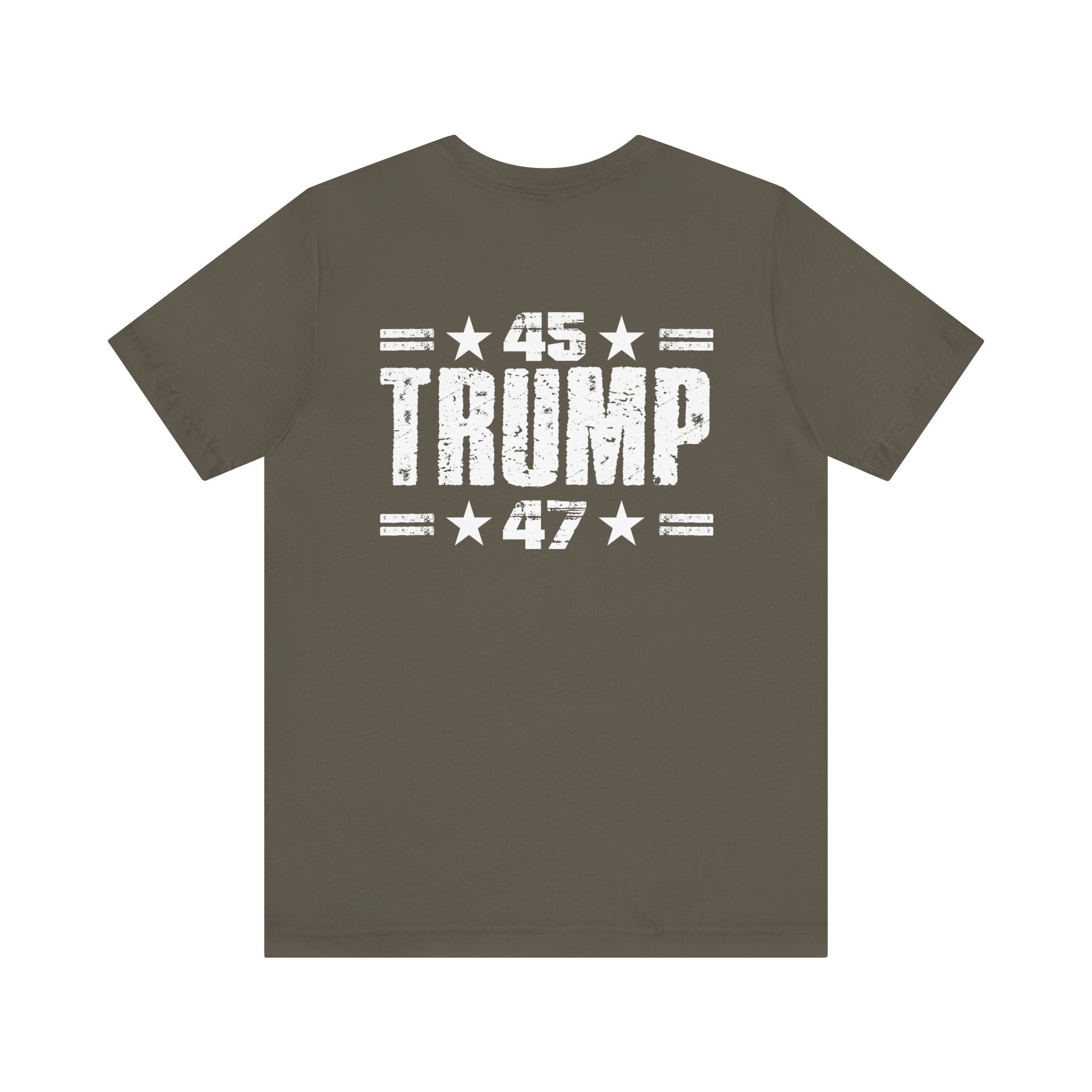 Army green t-shirt with '45 Trump 47' text on the back, on a white background