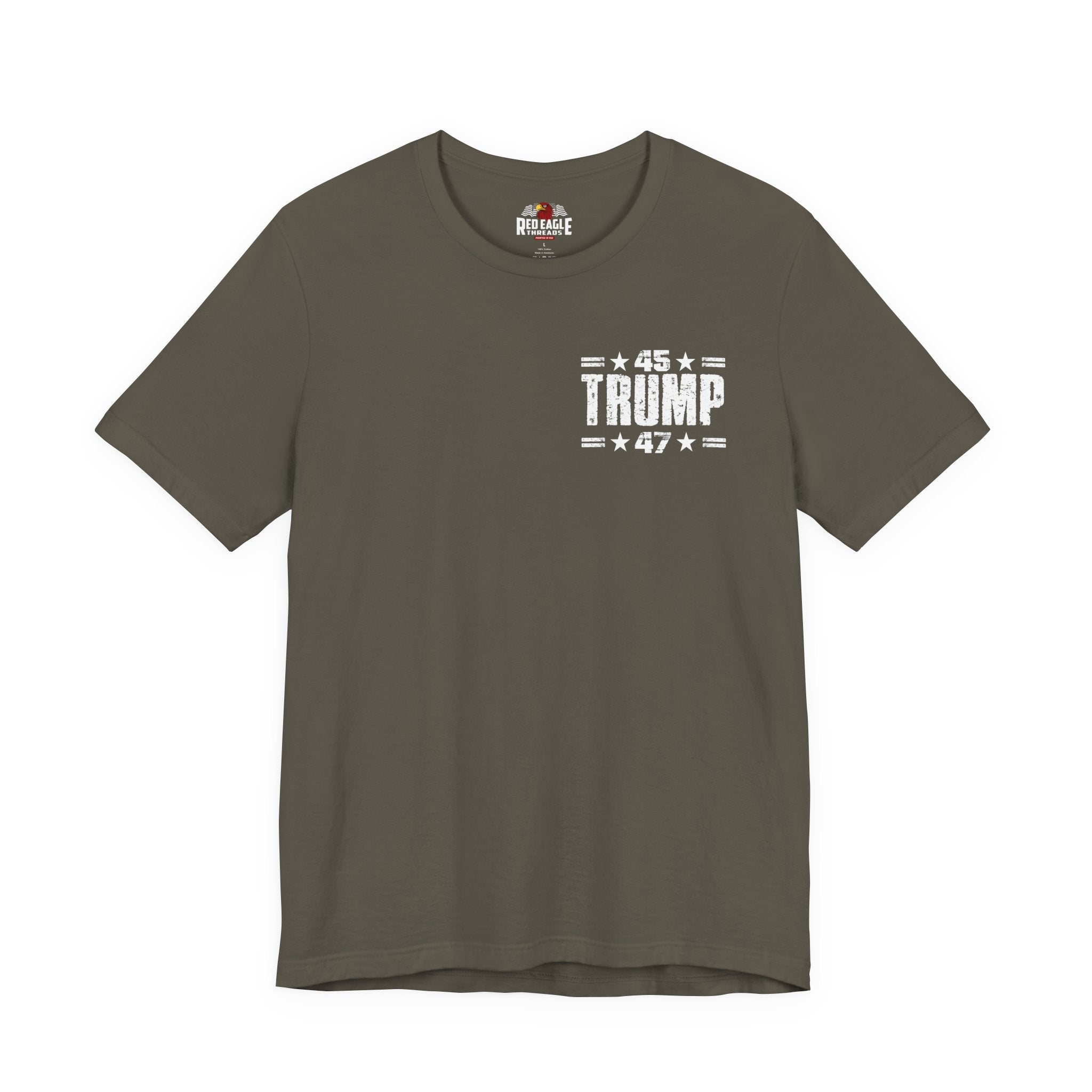 Army Green t-shirt with '45 Trump 47' text on a white background
