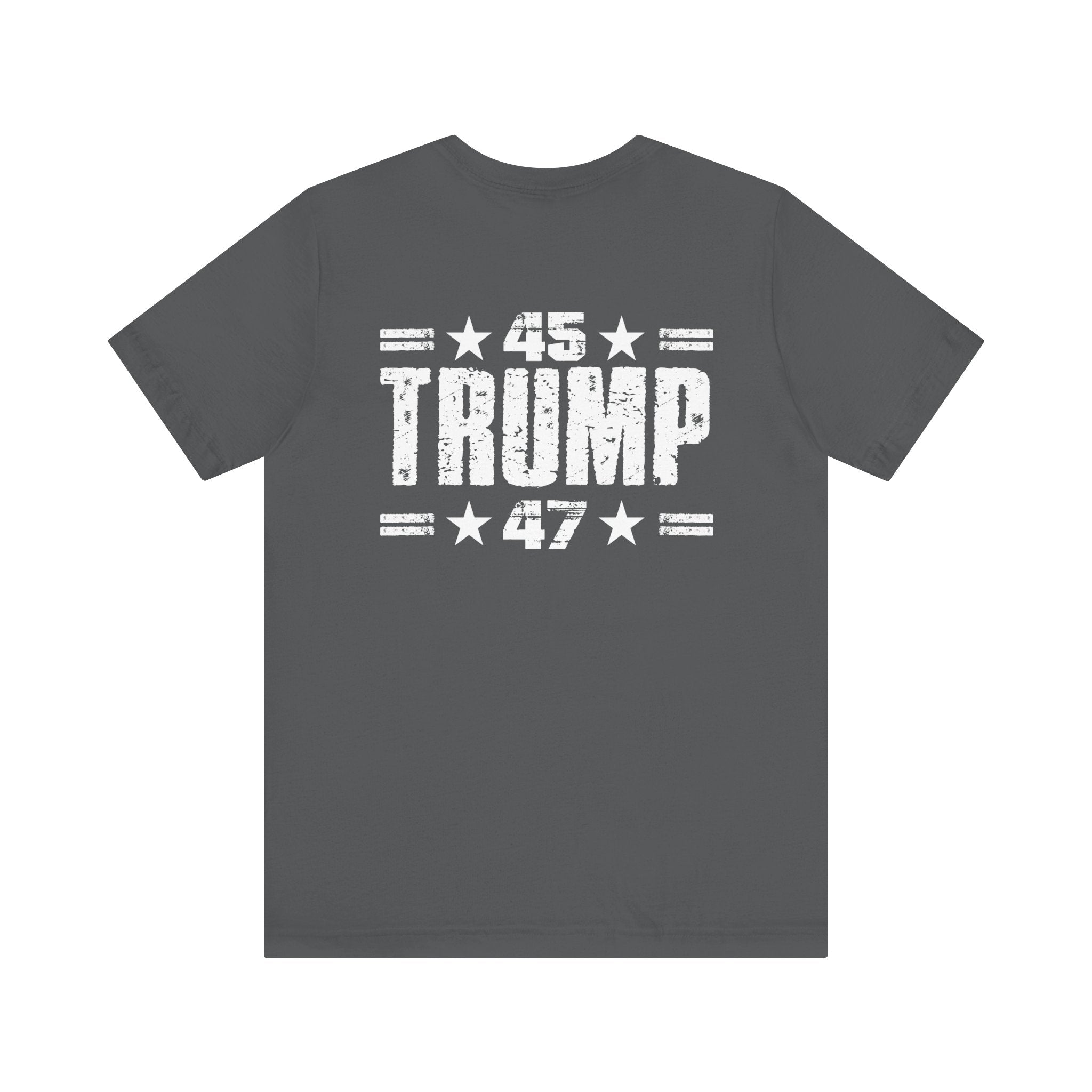 Gray t-shirt with '45 Trump 47' text on the back, on a white background