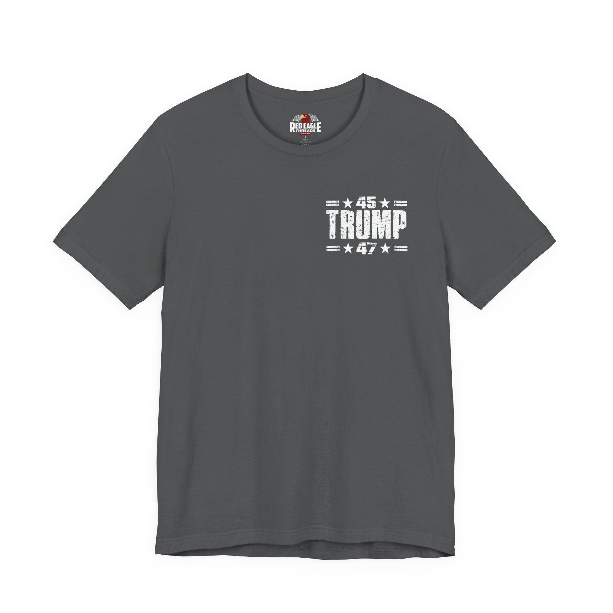Gray t-shirt with '45 Trump 47' text on a white background