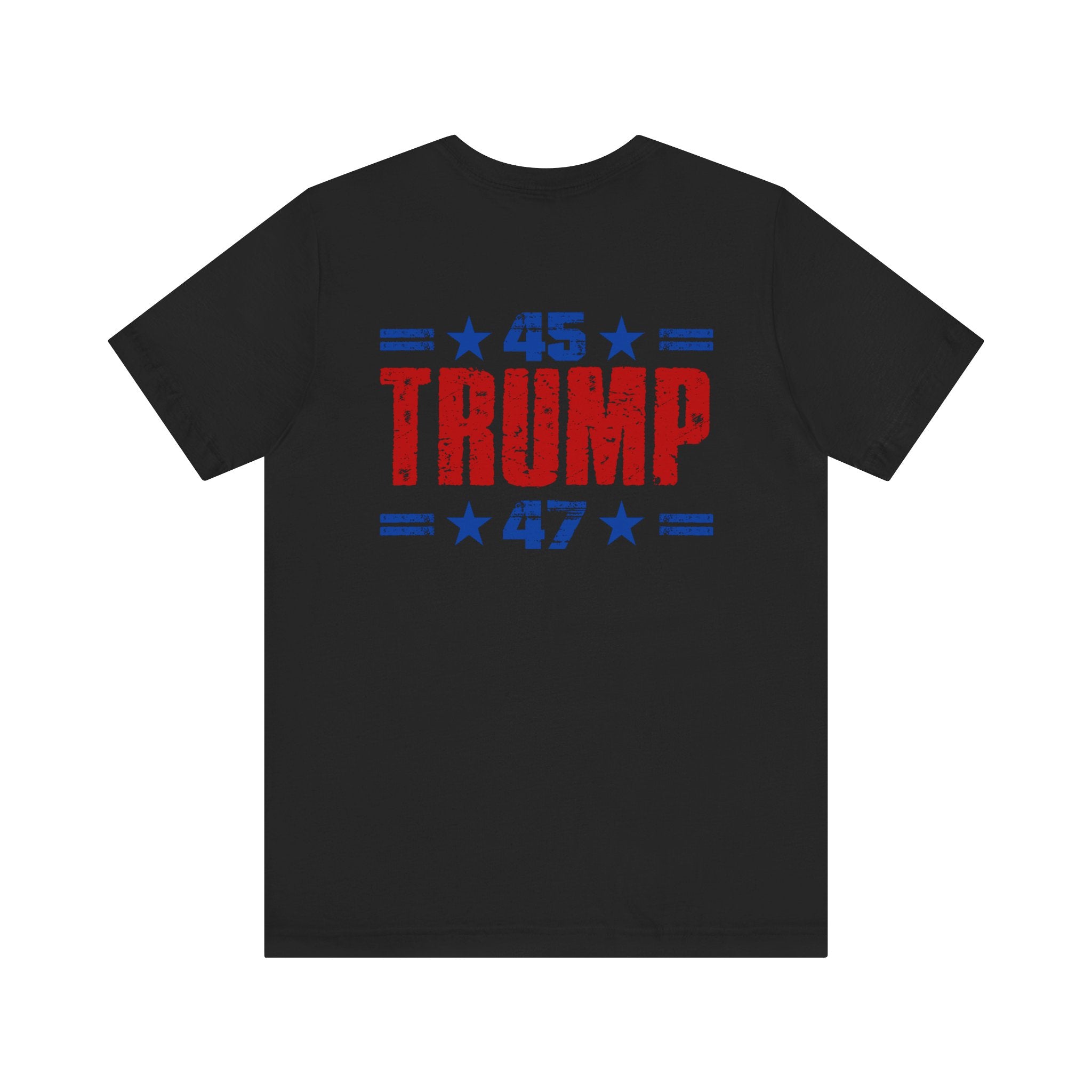 Black t-shirt with '45 Trump 47' text design on the back, on a white background