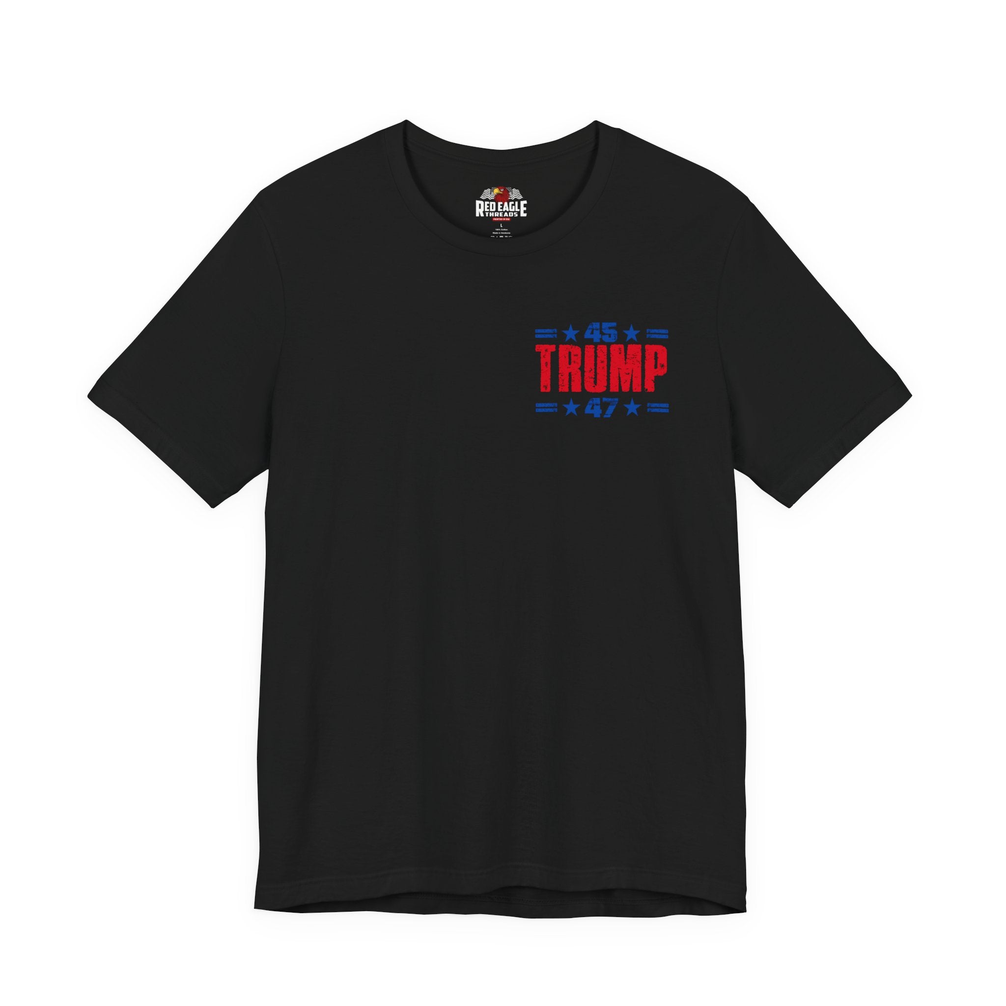 Black t-shirt with '45 TRUMP 47' text on a white background
