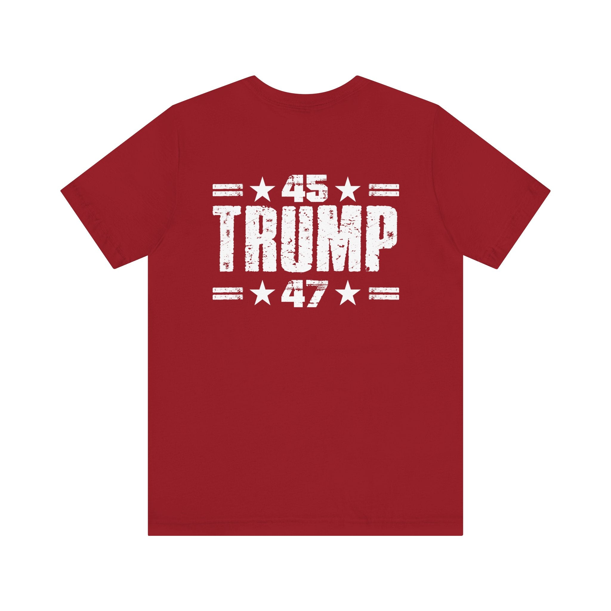 Red t-shirt with '45 Trump 47' text on the back, on a white background