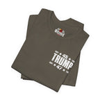 Folded army green t-shirt with '45 TRUMP 47' text on a white background