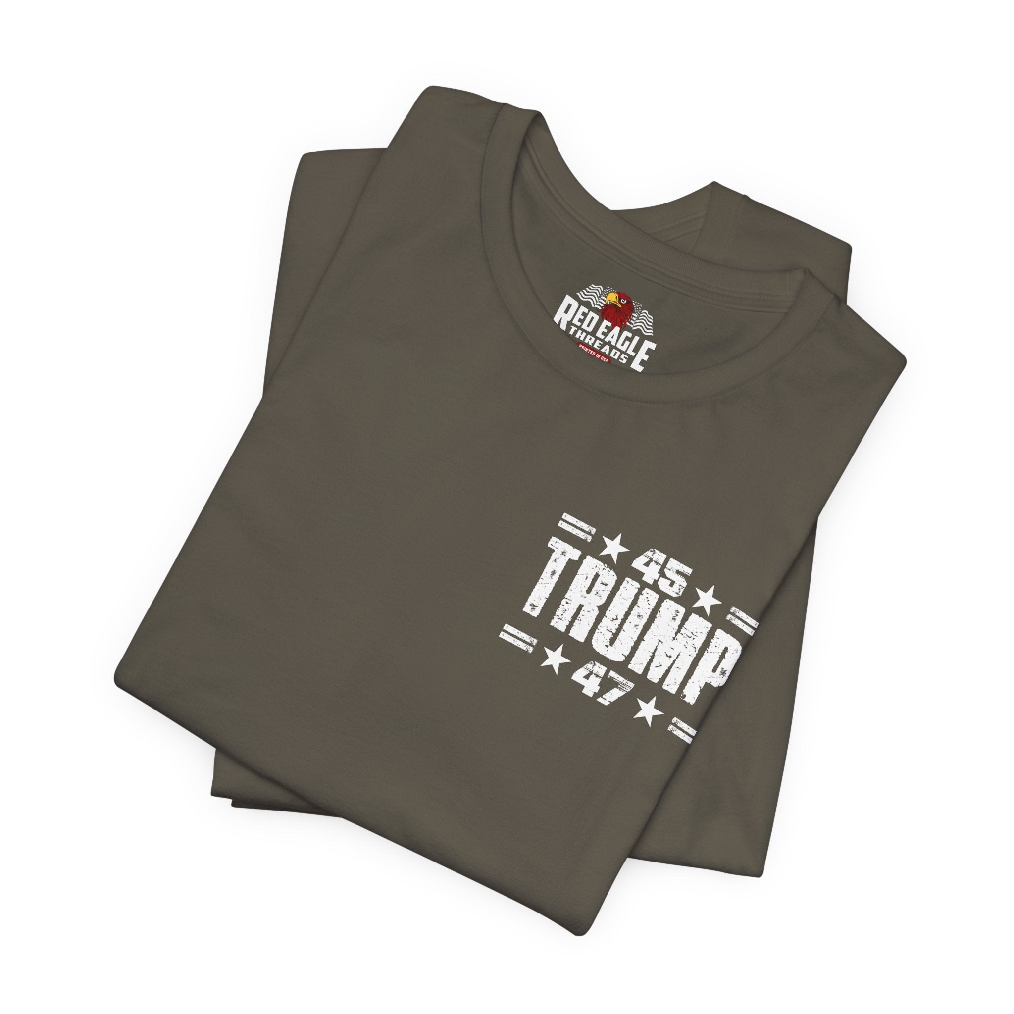 Folded army green t-shirt with '45 TRUMP 47' text on a white background