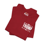 Folded canvas red t-shirt with '45 TRUMP 47' text on a white background