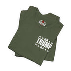 Folded military green t-shirt with '45 TRUMP 47' text on a white background